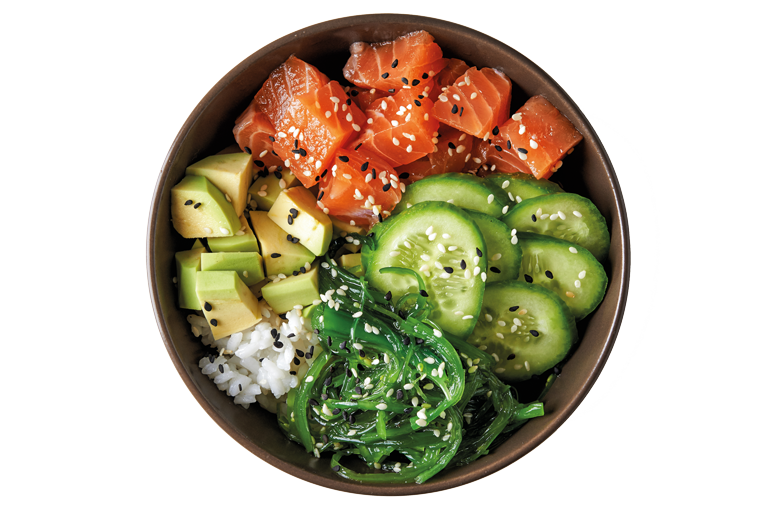 Bowl freigestellt mit Lachs, Avocado, Algen, Gurke